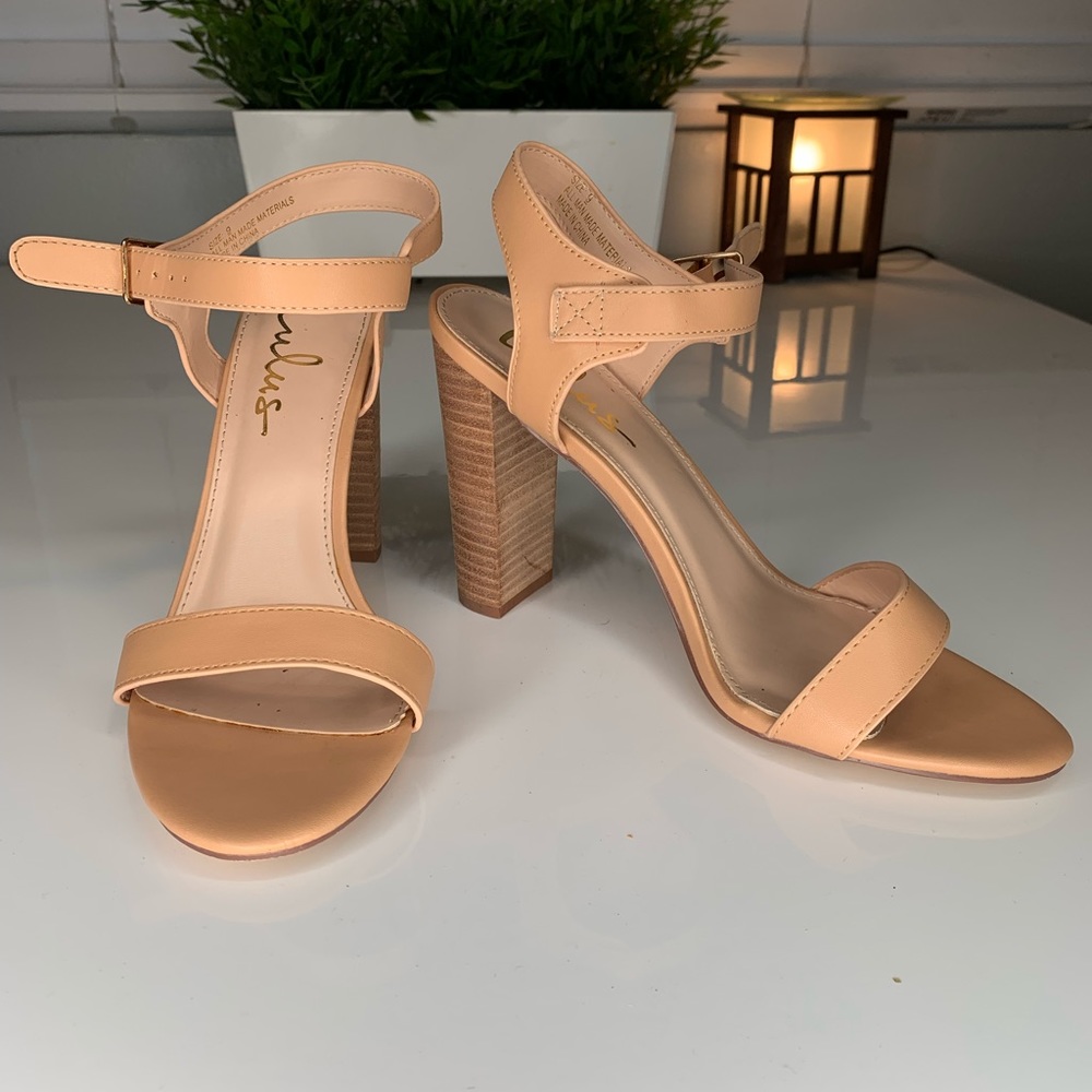 Tan open toe strap heel